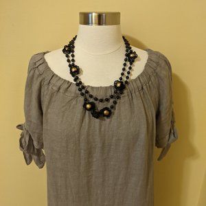 Black Beaded Rope Necklace with Large Gold Accent Beads Wrapped in Black Lace